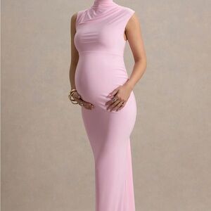 Club London Kienna Pink Ruched High Neck Maternity Maxi Dress